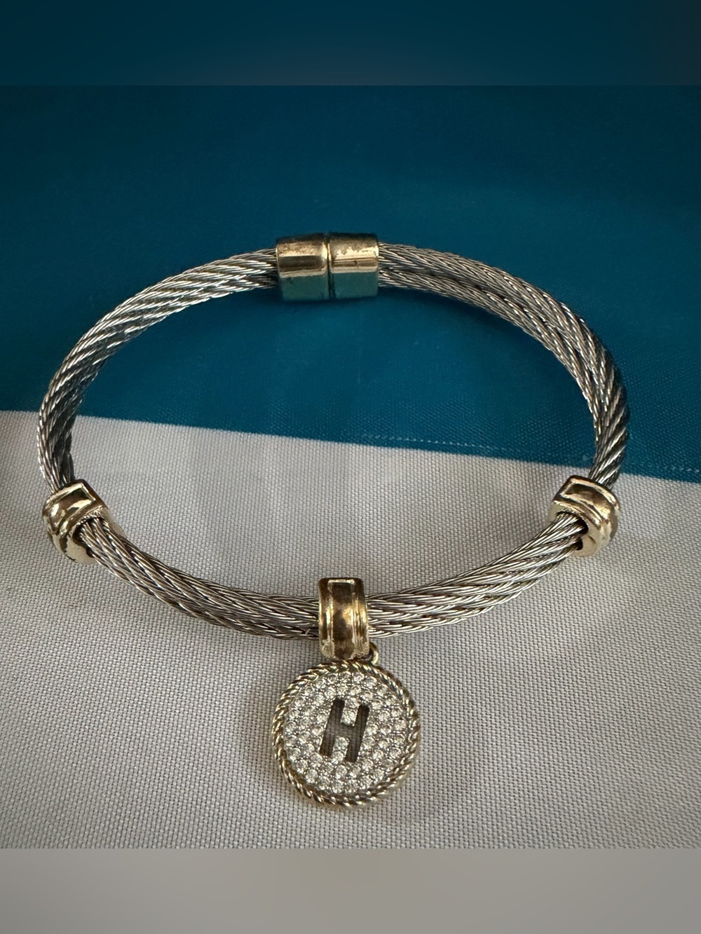 Two-Tone Silver and Gold Initial H Pendant Cable Bracelet